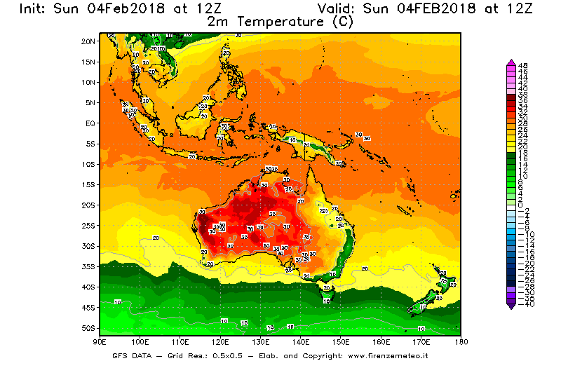 Mappa di analisi GFS - Temperatura a 2 metri dal suolo [°C] in Oceania
							del 04/02/2018 12 <!--googleoff: index-->UTC<!--googleon: index-->