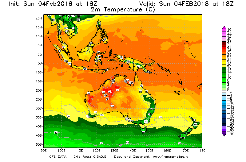 Mappa di analisi GFS - Temperatura a 2 metri dal suolo [°C] in Oceania
							del 04/02/2018 18 <!--googleoff: index-->UTC<!--googleon: index-->