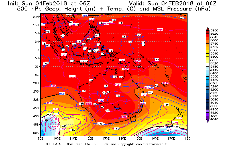 Mappa di analisi GFS - Geopotenziale [m] + Temp. [°C] a 500 hPa + Press. a livello del mare [hPa] in Oceania
							del 04/02/2018 06 <!--googleoff: index-->UTC<!--googleon: index-->