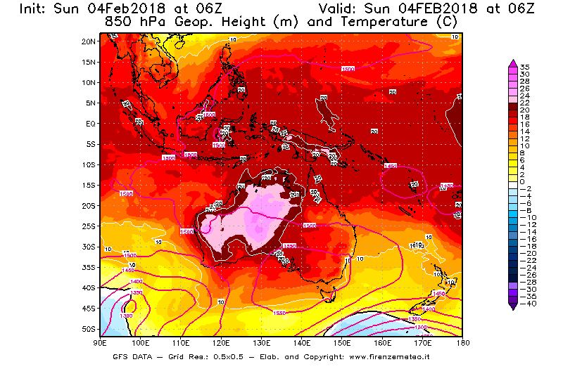 Mappa di analisi GFS - Geopotenziale [m] e Temperatura [°C] a 850 hPa in Oceania
							del 04/02/2018 06 <!--googleoff: index-->UTC<!--googleon: index-->