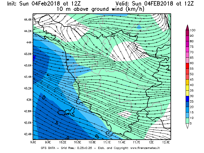 Mappa di analisi GFS - Velocità del vento a 10 metri dal suolo [km/h] in Toscana
							del 04/02/2018 12 <!--googleoff: index-->UTC<!--googleon: index-->