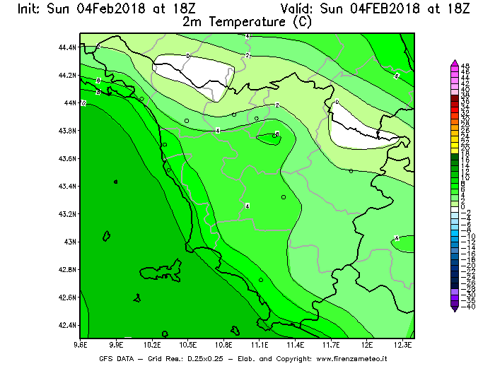 Mappa di analisi GFS - Temperatura a 2 metri dal suolo [°C] in Toscana
							del 04/02/2018 18 <!--googleoff: index-->UTC<!--googleon: index-->