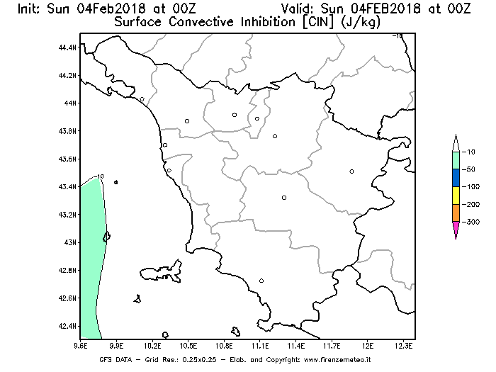 Mappa di analisi GFS - CIN [J/kg] in Toscana
							del 04/02/2018 00 <!--googleoff: index-->UTC<!--googleon: index-->