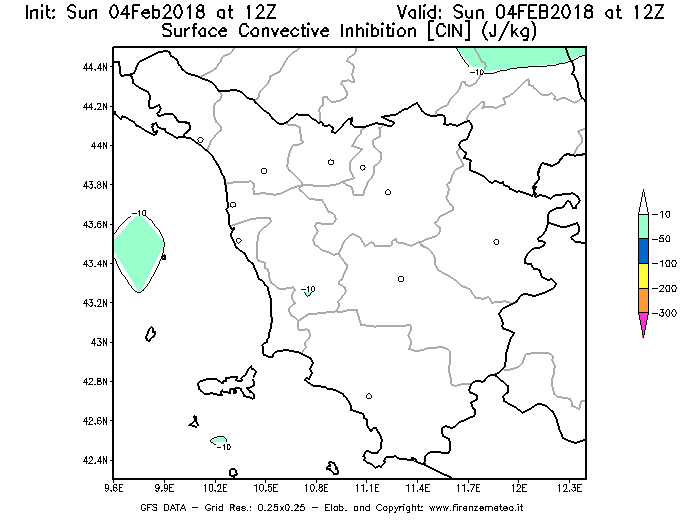 Mappa di analisi GFS - CIN [J/kg] in Toscana
							del 04/02/2018 12 <!--googleoff: index-->UTC<!--googleon: index-->