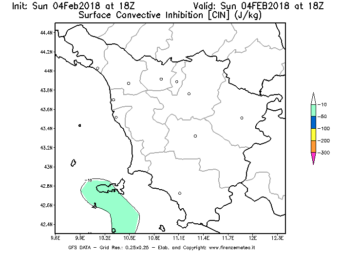 Mappa di analisi GFS - CIN [J/kg] in Toscana
							del 04/02/2018 18 <!--googleoff: index-->UTC<!--googleon: index-->