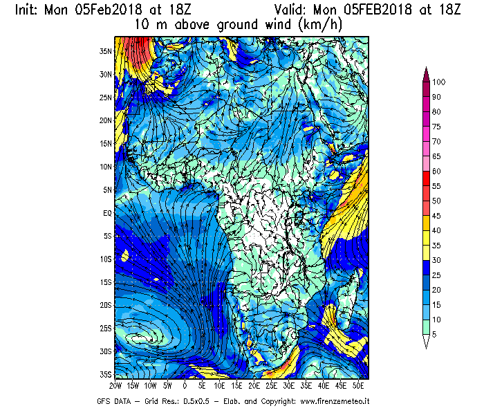 Mappa di analisi GFS - Velocità del vento a 10 metri dal suolo [km/h] in Africa
							del 05/02/2018 18 <!--googleoff: index-->UTC<!--googleon: index-->