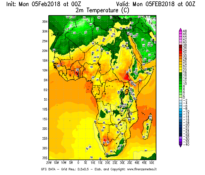 Mappa di analisi GFS - Temperatura a 2 metri dal suolo [°C] in Africa
							del 05/02/2018 00 <!--googleoff: index-->UTC<!--googleon: index-->