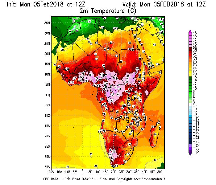 Mappa di analisi GFS - Temperatura a 2 metri dal suolo [°C] in Africa
							del 05/02/2018 12 <!--googleoff: index-->UTC<!--googleon: index-->