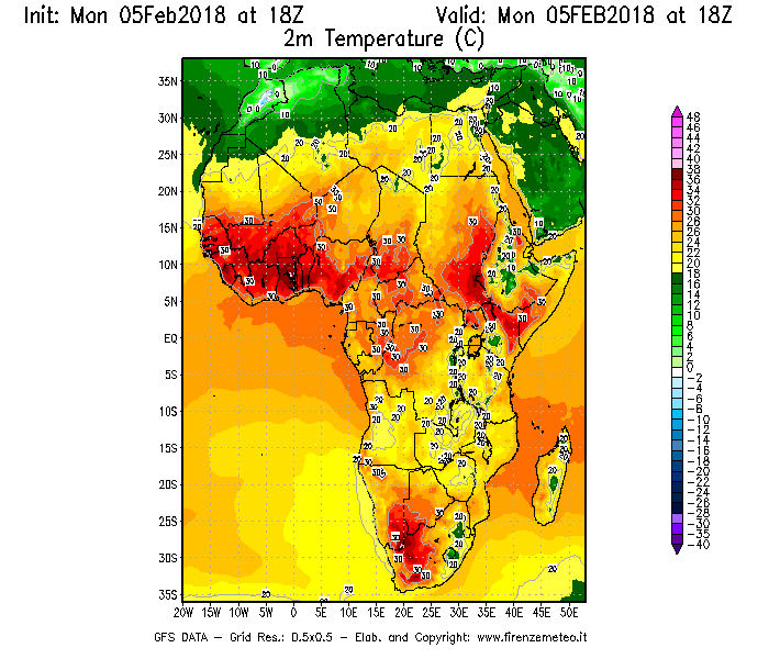 Mappa di analisi GFS - Temperatura a 2 metri dal suolo [°C] in Africa
							del 05/02/2018 18 <!--googleoff: index-->UTC<!--googleon: index-->