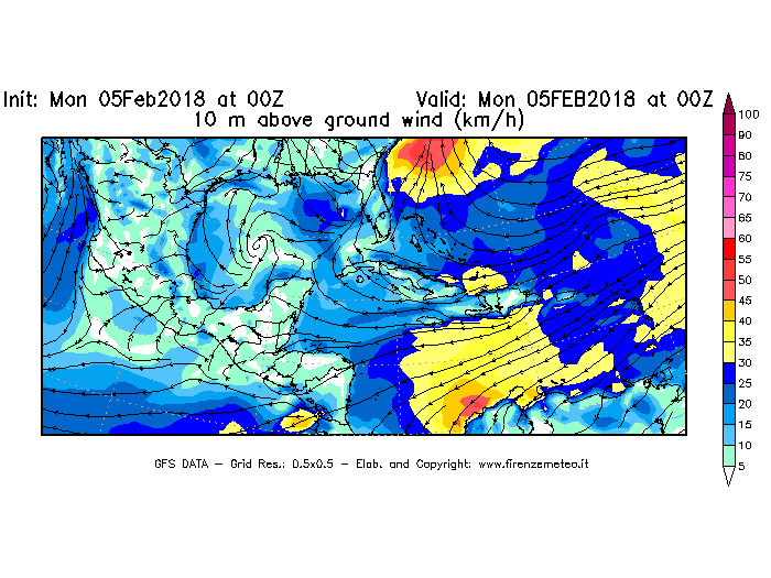 Mappa di analisi GFS - Velocità del vento a 10 metri dal suolo [km/h] in Centro-America
									del 05/02/2018 00 <!--googleoff: index-->UTC<!--googleon: index-->