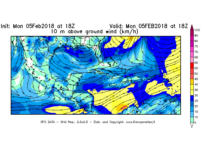 Mappa di analisi GFS - Velocità del vento a 10 metri dal suolo [km/h] in Centro-America
							del 05/02/2018 18 <!--googleoff: index-->UTC<!--googleon: index-->