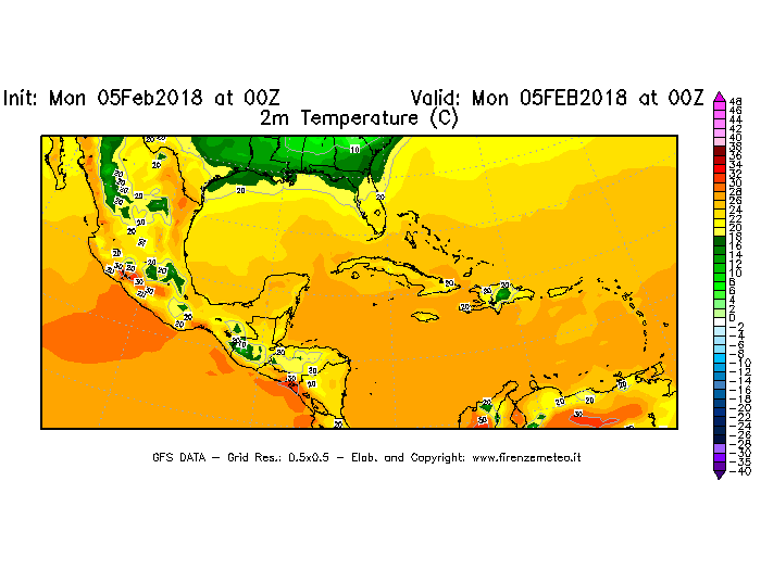 Mappa di analisi GFS - Temperatura a 2 metri dal suolo [°C] in Centro-America
									del 05/02/2018 00 <!--googleoff: index-->UTC<!--googleon: index-->