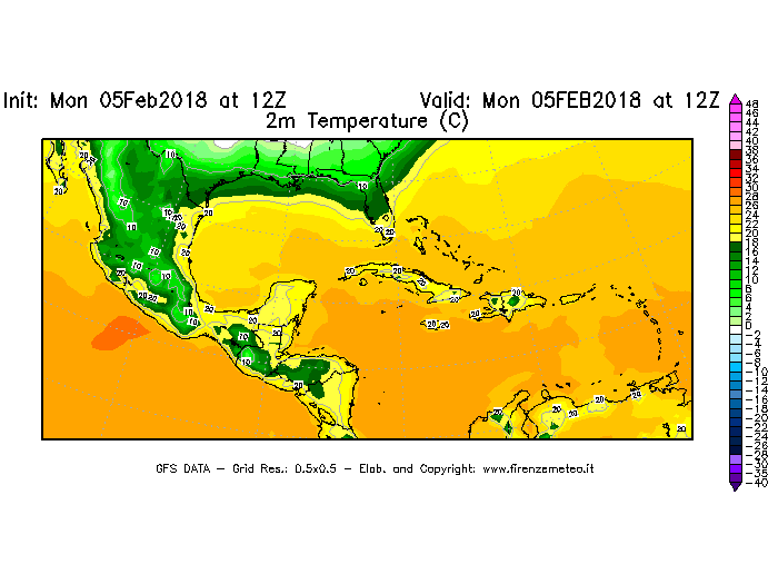 Mappa di analisi GFS - Temperatura a 2 metri dal suolo [°C] in Centro-America
							del 05/02/2018 12 <!--googleoff: index-->UTC<!--googleon: index-->