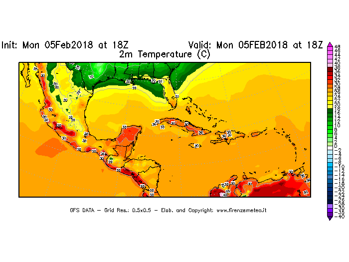 Mappa di analisi GFS - Temperatura a 2 metri dal suolo [°C] in Centro-America
							del 05/02/2018 18 <!--googleoff: index-->UTC<!--googleon: index-->
