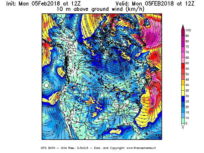Mappa di analisi GFS - Velocità del vento a 10 metri dal suolo [km/h] in Nord-America
									del 05/02/2018 12 <!--googleoff: index-->UTC<!--googleon: index-->
