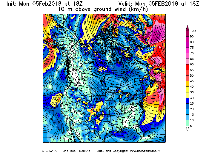 Mappa di analisi GFS - Velocità del vento a 10 metri dal suolo [km/h] in Nord-America
							del 05/02/2018 18 <!--googleoff: index-->UTC<!--googleon: index-->
