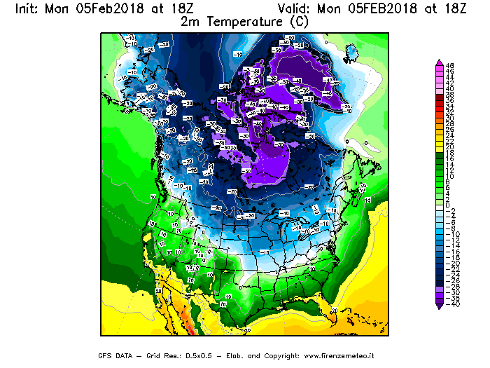 Mappa di analisi GFS - Temperatura a 2 metri dal suolo [°C] in Nord-America
									del 05/02/2018 18 <!--googleoff: index-->UTC<!--googleon: index-->
