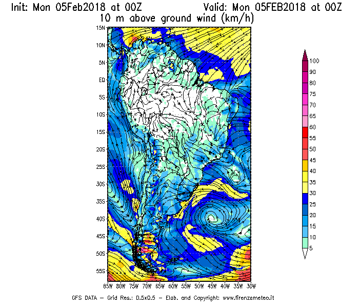 Mappa di analisi GFS - Velocità del vento a 10 metri dal suolo [km/h] in Sud-America
							del 05/02/2018 00 <!--googleoff: index-->UTC<!--googleon: index-->