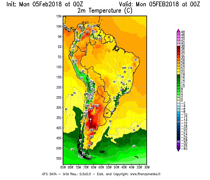 Mappa di analisi GFS - Temperatura a 2 metri dal suolo [°C] in Sud-America
							del 05/02/2018 00 <!--googleoff: index-->UTC<!--googleon: index-->