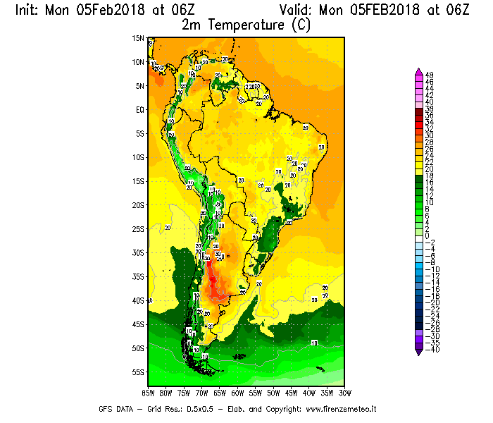 Mappa di analisi GFS - Temperatura a 2 metri dal suolo [°C] in Sud-America
							del 05/02/2018 06 <!--googleoff: index-->UTC<!--googleon: index-->