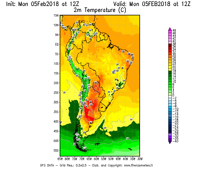 Mappa di analisi GFS - Temperatura a 2 metri dal suolo [°C] in Sud-America
							del 05/02/2018 12 <!--googleoff: index-->UTC<!--googleon: index-->