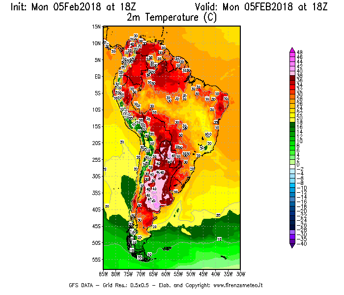 Mappa di analisi GFS - Temperatura a 2 metri dal suolo [°C] in Sud-America
									del 05/02/2018 18 <!--googleoff: index-->UTC<!--googleon: index-->