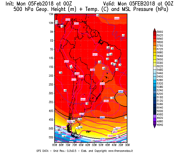 Mappa di analisi GFS - Geopotenziale [m] + Temp. [°C] a 500 hPa + Press. a livello del mare [hPa] in Sud-America
							del 05/02/2018 00 <!--googleoff: index-->UTC<!--googleon: index-->