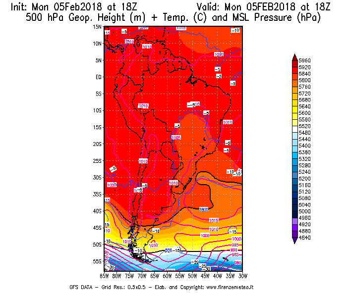 Mappa di analisi GFS - Geopotenziale [m] + Temp. [°C] a 500 hPa + Press. a livello del mare [hPa] in Sud-America
							del 05/02/2018 18 <!--googleoff: index-->UTC<!--googleon: index-->
