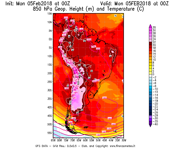 Mappa di analisi GFS - Geopotenziale [m] e Temperatura [°C] a 850 hPa in Sud-America
									del 05/02/2018 00 <!--googleoff: index-->UTC<!--googleon: index-->