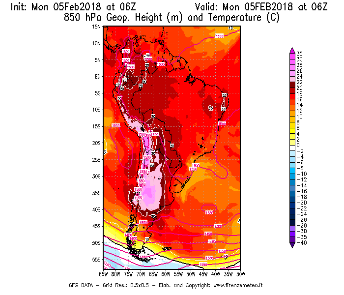 Mappa di analisi GFS - Geopotenziale [m] e Temperatura [°C] a 850 hPa in Sud-America
							del 05/02/2018 06 <!--googleoff: index-->UTC<!--googleon: index-->