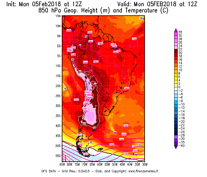 Mappa di analisi GFS - Geopotenziale [m] e Temperatura [°C] a 850 hPa in Sud-America
							del 05/02/2018 12 <!--googleoff: index-->UTC<!--googleon: index-->