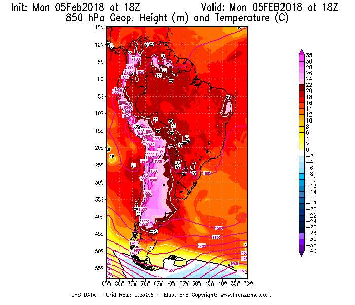 Mappa di analisi GFS - Geopotenziale [m] e Temperatura [°C] a 850 hPa in Sud-America
									del 05/02/2018 18 <!--googleoff: index-->UTC<!--googleon: index-->