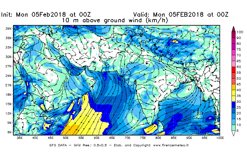 Mappa di analisi GFS - Velocità del vento a 10 metri dal suolo [km/h] in Asia Sud-Occidentale
									del 05/02/2018 00 <!--googleoff: index-->UTC<!--googleon: index-->