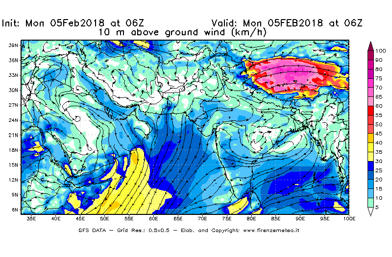 Mappa di analisi GFS - Velocità del vento a 10 metri dal suolo [km/h] in Asia Sud-Occidentale
									del 05/02/2018 06 <!--googleoff: index-->UTC<!--googleon: index-->