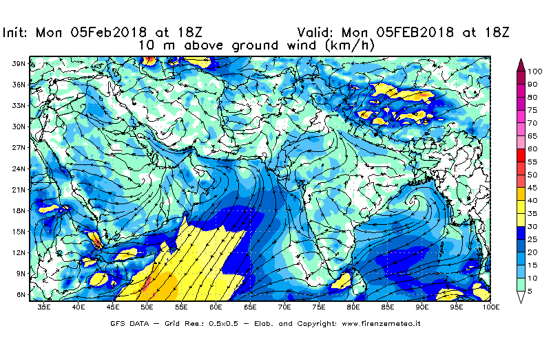 Mappa di analisi GFS - Velocità del vento a 10 metri dal suolo [km/h] in Asia Sud-Occidentale
									del 05/02/2018 18 <!--googleoff: index-->UTC<!--googleon: index-->