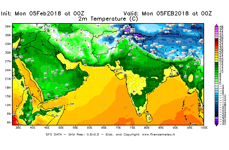 Mappa di analisi GFS - Temperatura a 2 metri dal suolo [°C] in Asia Sud-Occidentale
							del 05/02/2018 00 <!--googleoff: index-->UTC<!--googleon: index-->