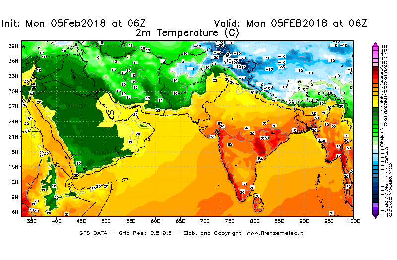 Mappa di analisi GFS - Temperatura a 2 metri dal suolo [°C] in Asia Sud-Occidentale
									del 05/02/2018 06 <!--googleoff: index-->UTC<!--googleon: index-->