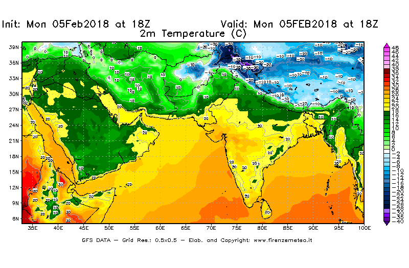 Mappa di analisi GFS - Temperatura a 2 metri dal suolo [°C] in Asia Sud-Occidentale
							del 05/02/2018 18 <!--googleoff: index-->UTC<!--googleon: index-->