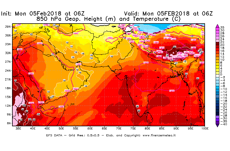 Mappa di analisi GFS - Geopotenziale [m] e Temperatura [°C] a 850 hPa in Asia Sud-Occidentale
							del 05/02/2018 06 <!--googleoff: index-->UTC<!--googleon: index-->