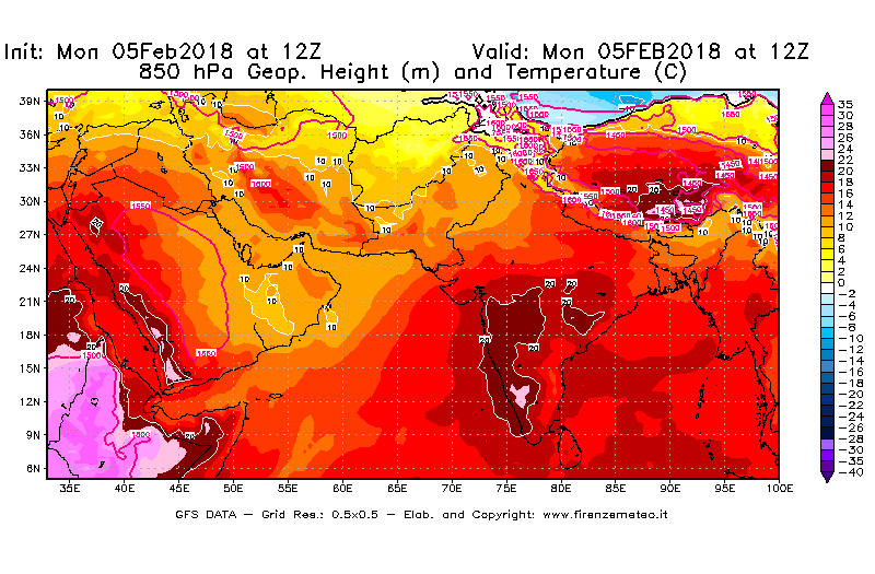 Mappa di analisi GFS - Geopotenziale [m] e Temperatura [°C] a 850 hPa in Asia Sud-Occidentale
							del 05/02/2018 12 <!--googleoff: index-->UTC<!--googleon: index-->