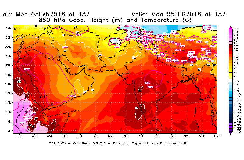 Mappa di analisi GFS - Geopotenziale [m] e Temperatura [°C] a 850 hPa in Asia Sud-Occidentale
									del 05/02/2018 18 <!--googleoff: index-->UTC<!--googleon: index-->