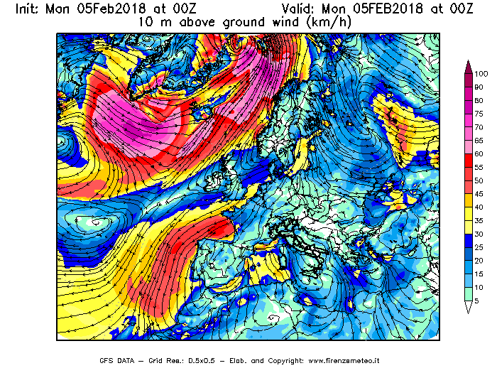 Mappa di analisi GFS - Velocità del vento a 10 metri dal suolo [km/h] in Europa
									del 05/02/2018 00 <!--googleoff: index-->UTC<!--googleon: index-->