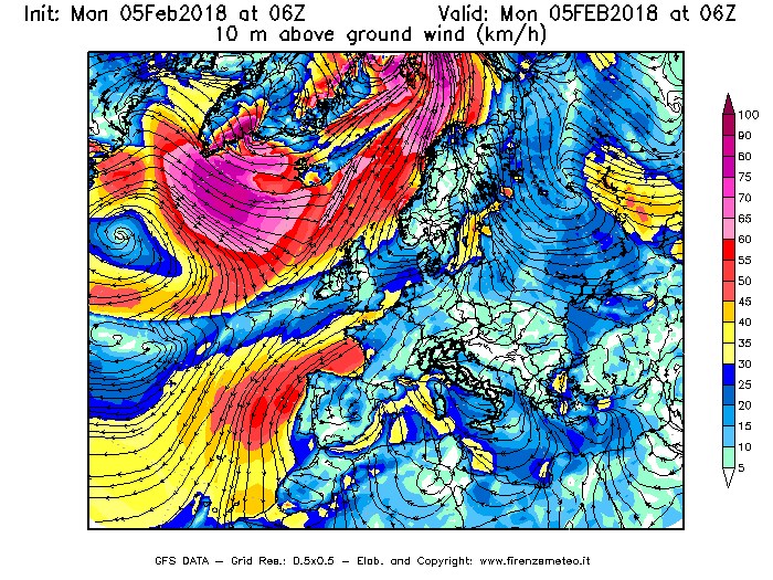 Mappa di analisi GFS - Velocità del vento a 10 metri dal suolo [km/h] in Europa
									del 05/02/2018 06 <!--googleoff: index-->UTC<!--googleon: index-->