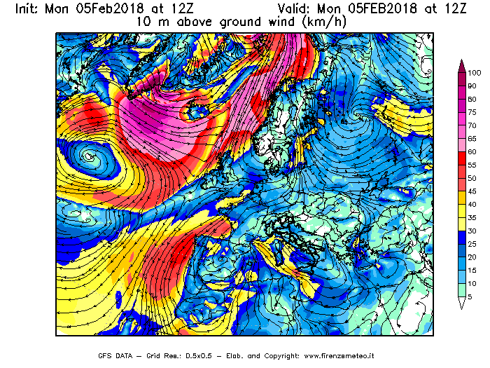 Mappa di analisi GFS - Velocità del vento a 10 metri dal suolo [km/h] in Europa
									del 05/02/2018 12 <!--googleoff: index-->UTC<!--googleon: index-->