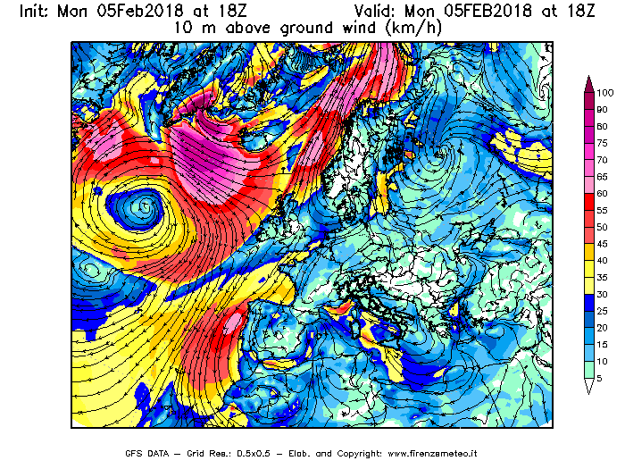 Mappa di analisi GFS - Velocità del vento a 10 metri dal suolo [km/h] in Europa
							del 05/02/2018 18 <!--googleoff: index-->UTC<!--googleon: index-->