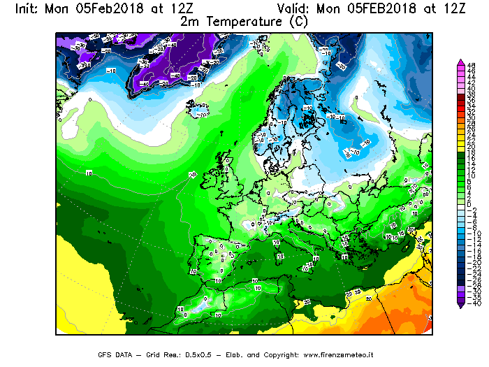 Mappa di analisi GFS - Temperatura a 2 metri dal suolo [°C] in Europa
							del 05/02/2018 12 <!--googleoff: index-->UTC<!--googleon: index-->