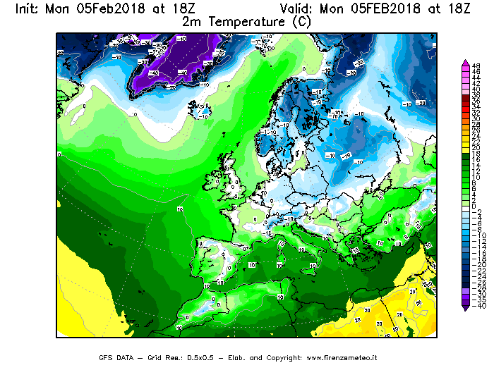 Mappa di analisi GFS - Temperatura a 2 metri dal suolo [°C] in Europa
									del 05/02/2018 18 <!--googleoff: index-->UTC<!--googleon: index-->