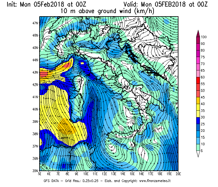 Mappa di analisi GFS - Velocità del vento a 10 metri dal suolo [km/h] in Italia
									del 05/02/2018 00 <!--googleoff: index-->UTC<!--googleon: index-->