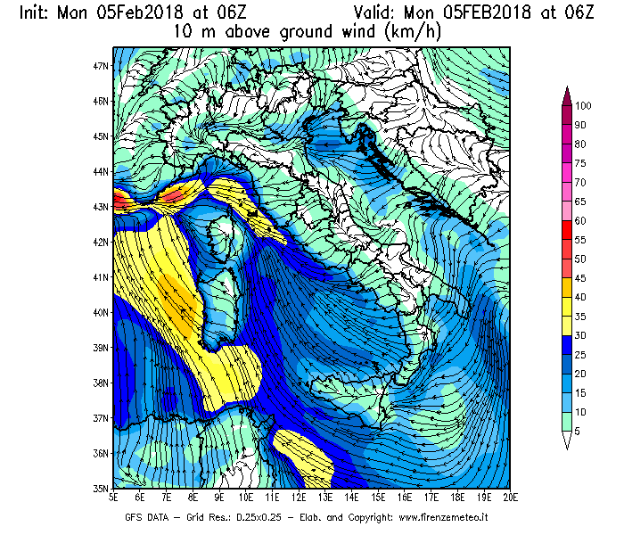 Mappa di analisi GFS - Velocità del vento a 10 metri dal suolo [km/h] in Italia
							del 05/02/2018 06 <!--googleoff: index-->UTC<!--googleon: index-->
