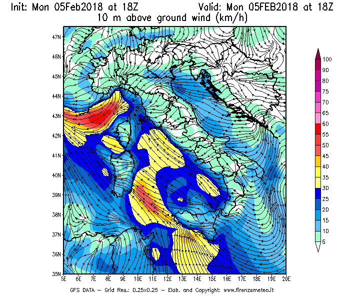 Mappa di analisi GFS - Velocità del vento a 10 metri dal suolo [km/h] in Italia
							del 05/02/2018 18 <!--googleoff: index-->UTC<!--googleon: index-->
